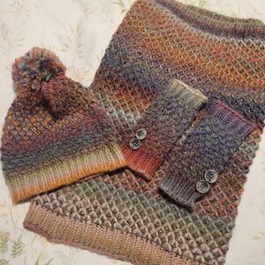 Multicolor Knit Hat, Scarf, and Mittens Set